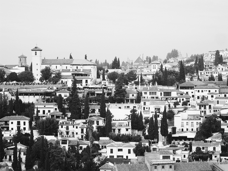 Black and white picture capturing Barcelona city in Spain.